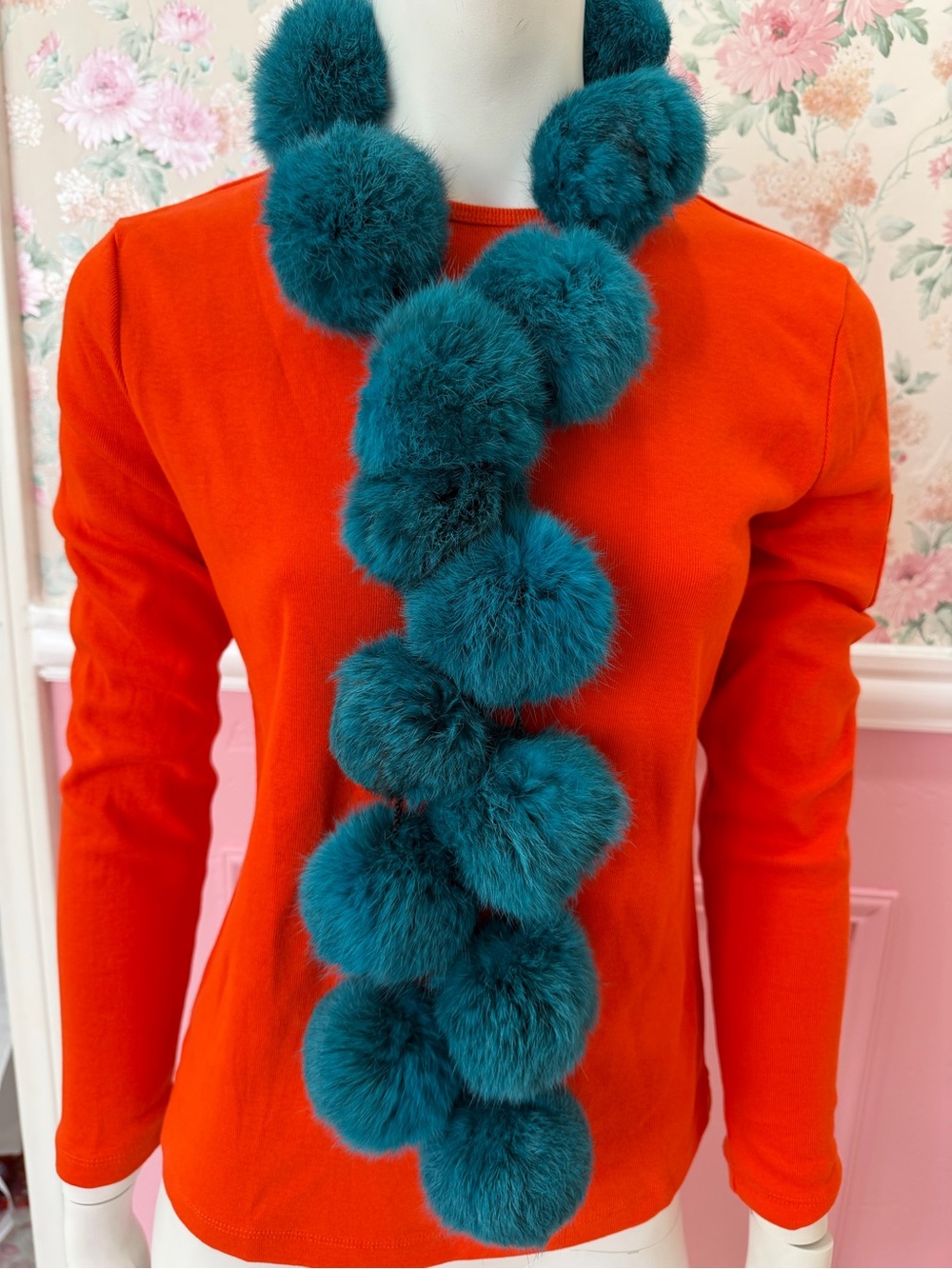 American Vintage Teal Pom-Pom Fur Scarf